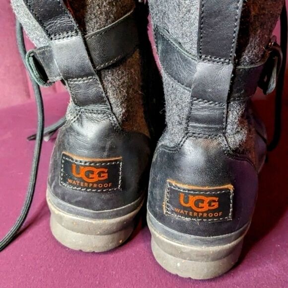 UGG Waterproof Combat Boots Black Leather & Grey Wool Winter Lace-up Side Zip - Picture 3 of 7